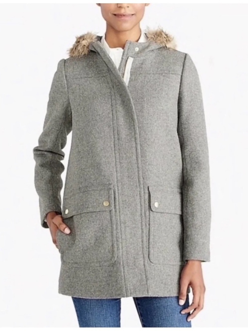 J.Crew Mercantile Vail Parka Wool Blend Faux Fur Hood Coat Gray 14